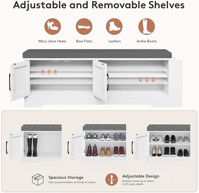 GRUSIGN 47.3" Shoe Storage Bench with Cushion, Entryway Shoe Cabinet, White | 3-in-1 Shoe Storage Bench, 47.3", Adjustable Shelves, Removable Cushion, 300 lbs Capacity, Entryway, Apartment, Families