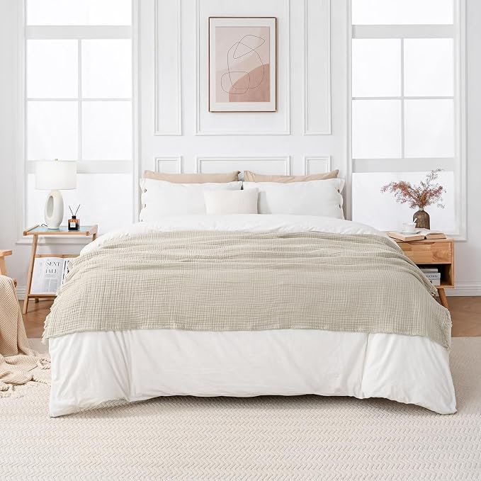 Esterra Muslin Throw Blanket 50x65 Inches Cozy Soft Lightweight Pre-Washed Cotton Blanket, All Season Breathable 4-Layer Gauze Blanket Throw for Sofa Couch Bed, Oatmeal