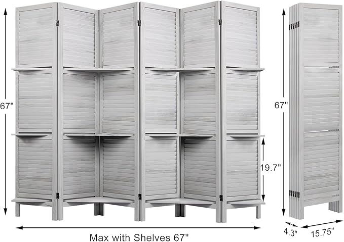 Room Divider with Shelves, Privacy Screen, Room Dividers and Folding Privacy Screens, 6 Panel Wood Temporary Wall Partition Separation Separator, Grey