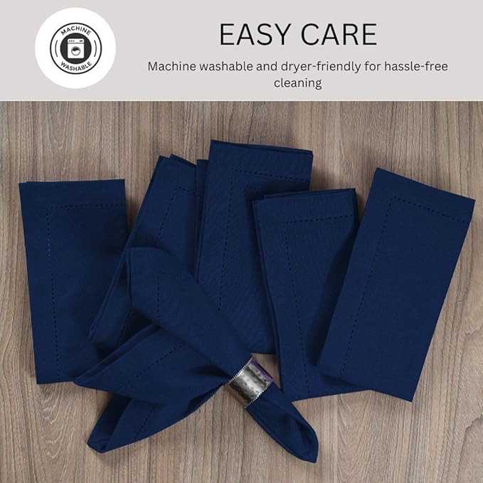 Hemstitch Cloth Dinner Napkins 100% Cotton Set of 12 - for Dining Special Occasions Weddings Parties Holidays Easter - Soft Durable Reusable - 18x18 Inch Table Cloth Napkins Navy Blue