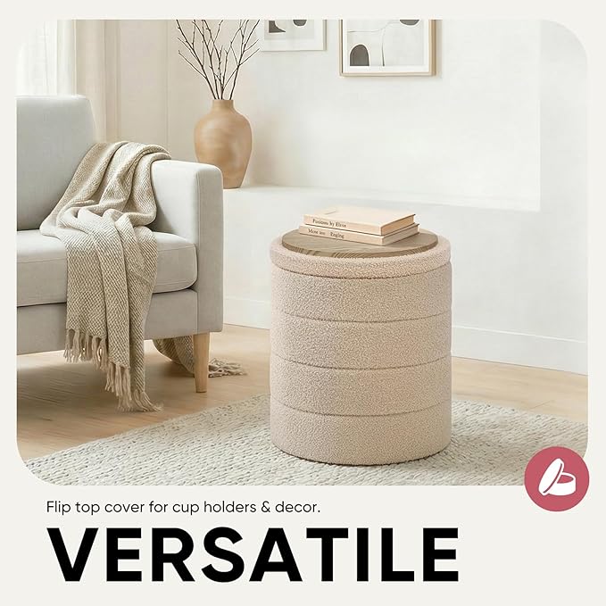 14.5" Round Storage Ottoman,Boucle Sherpa Ottoman with Tray, Faux Teddy Foot Rest Coffee Table for Bedroom Dorm Living Room,Beige