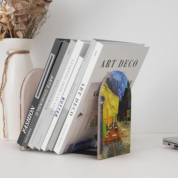 Cafe Terrace 2 Piece Decorative Bookends 6.7x4.2 in, Night Scene Book Ends for Home Office Library Shelves Decor Room Kitchen Desktop