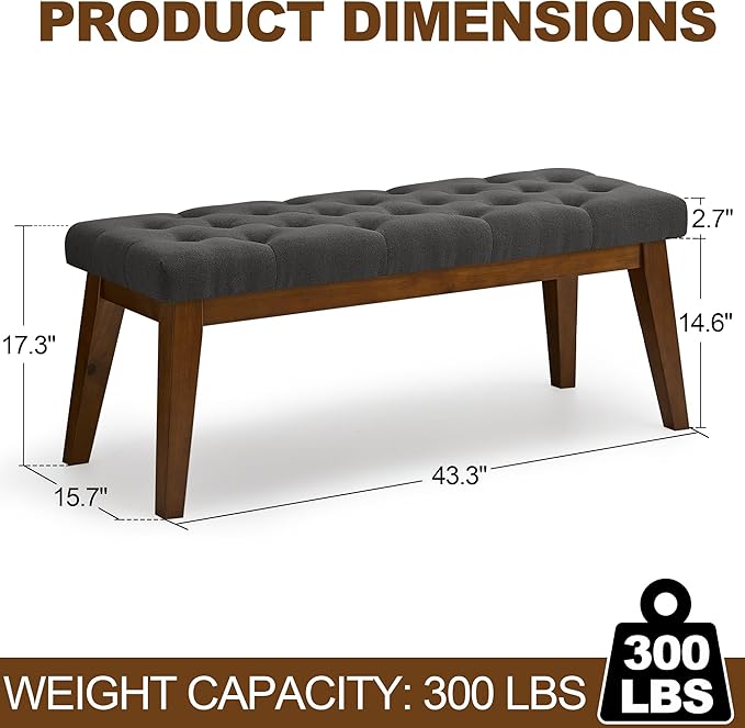 WUTUTUEE 43.5'' Linen Bedroom Bench, Upholstered End of Bed Bench with Tufted Button, Padded Vintage Dining Bench, Entryway Bench with Solid Wood Legs, Kitchen, Living Room, Hallway, Dark Grey Tufted