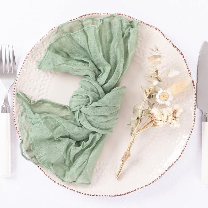 DeZerlor 50 Pack Sage Green Cheesecloth Napkins Summer Cloth Napkins Set of 50 Dinner Napkins Bulk 21x21 Inches for Wedding Bridal Shower Baby Shower Parties