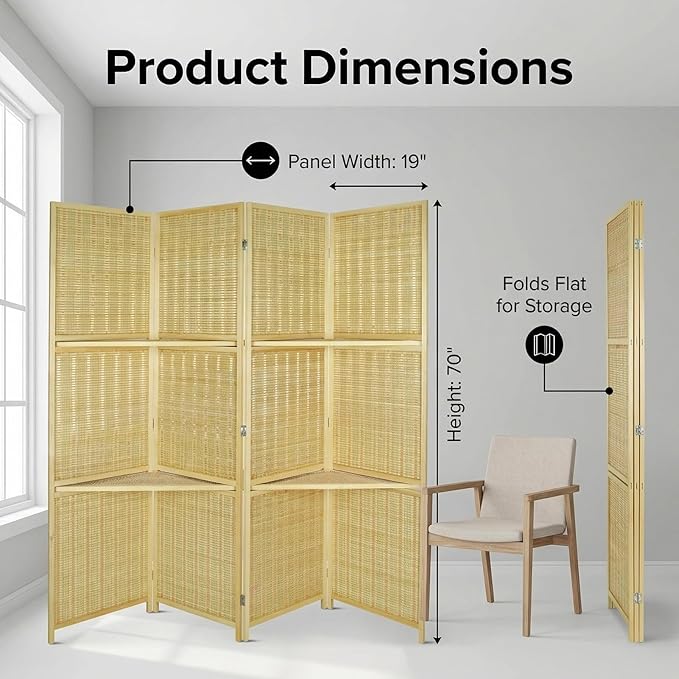 Bluecat 4 Panel Bamboo Room Divider with Shelves, Lightweight Privacy Screen for Bedroom Home Office, No Assembly Required, Natural Bamboo