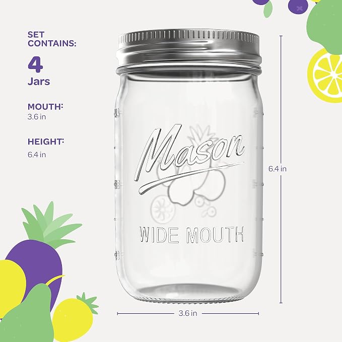 SEWANTA Wide Mouth Mason Jars 32 oz [4 Pack] With Mason Jar Lids and Bands, Mason Jars 32 oz - For Canning, Fermenting, Pickling - Jar Decor - Microwave/Dishwasher Safe.