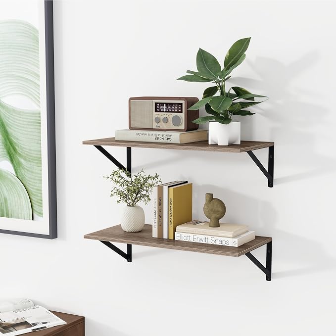 Heimlove Deep Floating Shelves for Wall, 24W x 12D Rustic Grey Wood Wall Shelves Set of 2, Large Floating Shelf for Living Room, Kitchen, Office, Bedroom and Decor Storage, with Metal Bracket - Grey