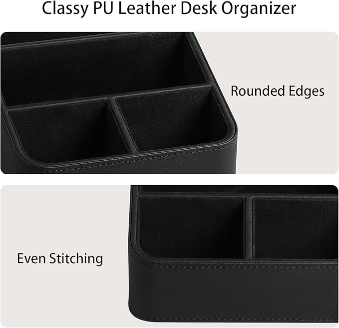Remote Control Holder, PU Leather Small Desk Organizer with 4 Compartments, Nightstand Organizer Office Desk Accessories Desk Caddy for Countertop Bedside End Table (Black)