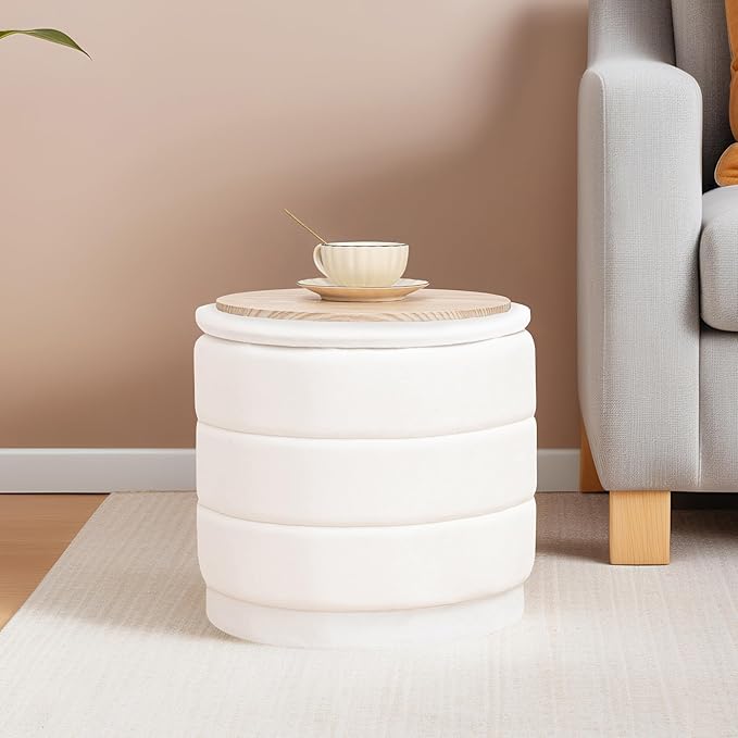 15" Upholstered Round Velvet Ottoman with Storage | Foldable Foot Rest Ottoman with Wooden Tabletop, Decorative Home Furniture for Living Room & Bedroom-White