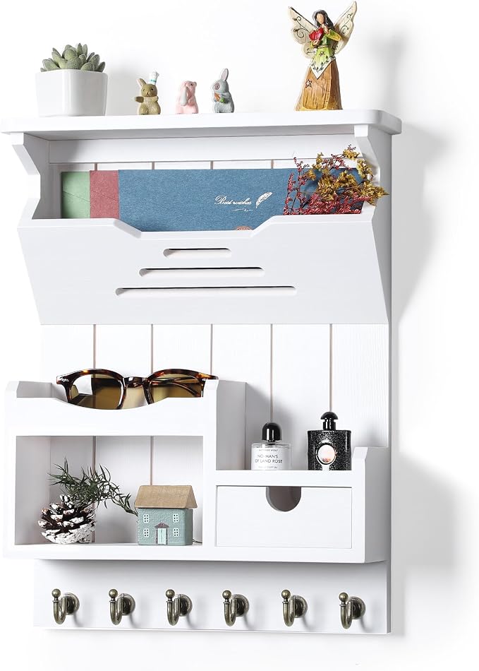 DOPACE Key Holder for Wall, Mail and Key Holder, Mail Organizer Wall Mount with Storage Drawer and 6 Hooks, Easy Installation Key Holder for Entryway and Home Decor, White