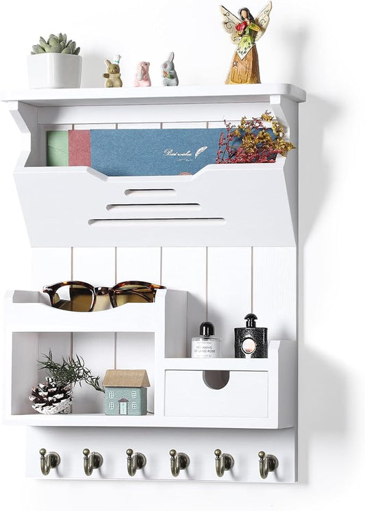 DOPACE Key Holder for Wall, Mail and Key Holder, Mail Organizer Wall Mount with Storage Drawer and 6 Hooks, Easy Installation Key Holder for Entryway and Home Decor, White