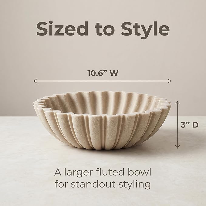 Decorative Bowl for Home Decor, 10.6" Large Modern Beige Scalloped Fruit Bowl for Coffee Table, Entryway Table, Kitchen Counter, Centerpiece for Keys or Candy