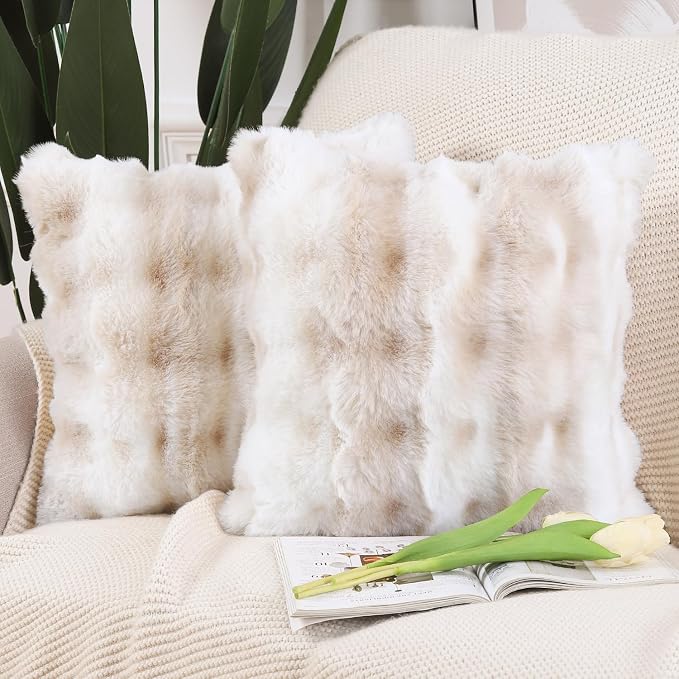 MADIZZ Pack of 2 Thick Plush Faux Wool Throw Pillow Covers Soft Boho Throw Pillows Luxurious Cushion Covers for Couch Sofa Bedroom Living Room Home Decor 16x16 Inch White Beige