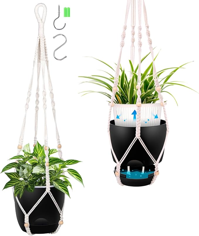 QCQHDU 2-Pack 7.1-Inch Macrame Self-Watering Hanging Planters, Pure Black | Small Plant Pots, Indoor & Outdoor, With Drainage, Two Sets of Hooks