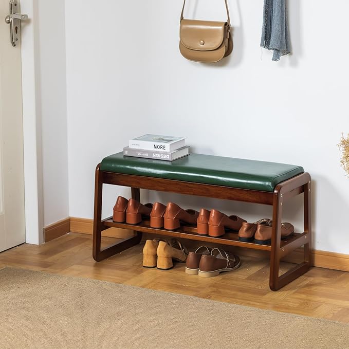 Shoe Bench with Storage - 2-Tier Entryway Bench, Solid Wood Shoe Rack with Cushion & Flip-Open Box, Mid-Century Modern for Hallway, Mudroom, Bedroom (Green, 31.5'')