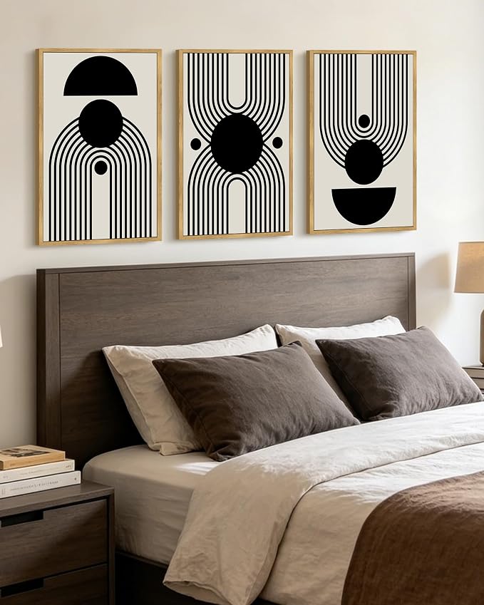 KUVIOKE Black Abstract Framed Wall Art Minimalist Geometry Lines Painting Artwork for Living Room Bedroom 16x24in (Natural Framed)