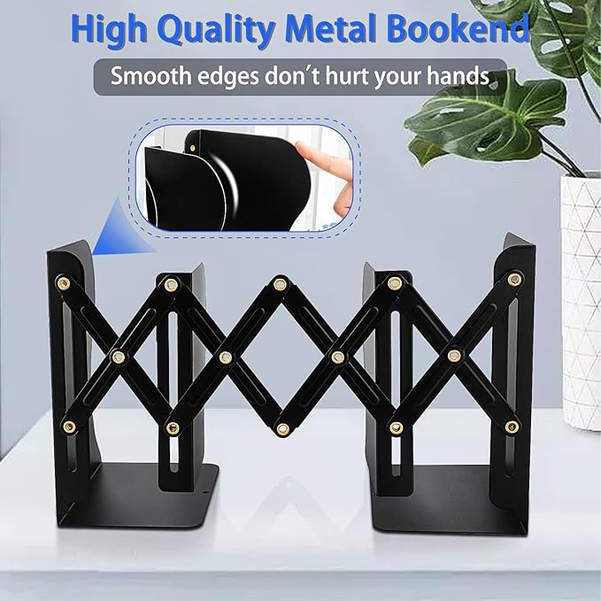 Non Skid Book Ends to Hold Books, Carooyac Metal Adjustable Book Ends Decorative Bookends for Home Office, Heavy Duty Kids Bookshelf Magazine Holder Book Organizer for Desk