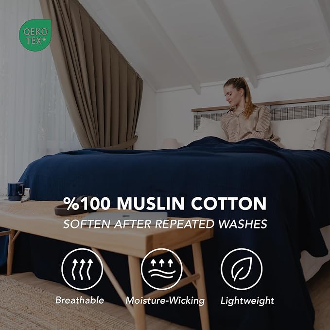 Goqan Muslin Blanket Queen 79x90 – 100% Turkish Cotton 4 Layer Boho Muslin Blanket for Adults, Four Season, Lightweight and Thin, Soft, Breathable for Bed, Couch - Navy