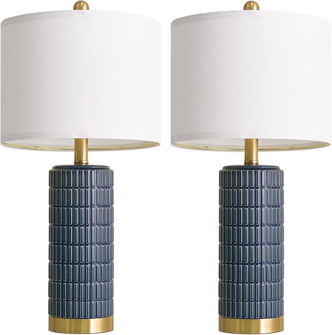 PoKat 25'' Blue Table Lamps for Bedroom Living Room Set of 2, Modern Ceramic Bedside Lamps with Gold Base for Office Sideboard Entryway Side End Table Nightstand Desk Lamps Home Gift (Dark Blue)