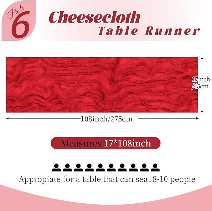 6 Pack Red Cheesecloth Table Runner, 17 x 108 Inch, Gauze Cheese Cloth Table Runner Rustic Sheer Runner for Wedding Birthday Party Baby Shower Table Decor(Red)
