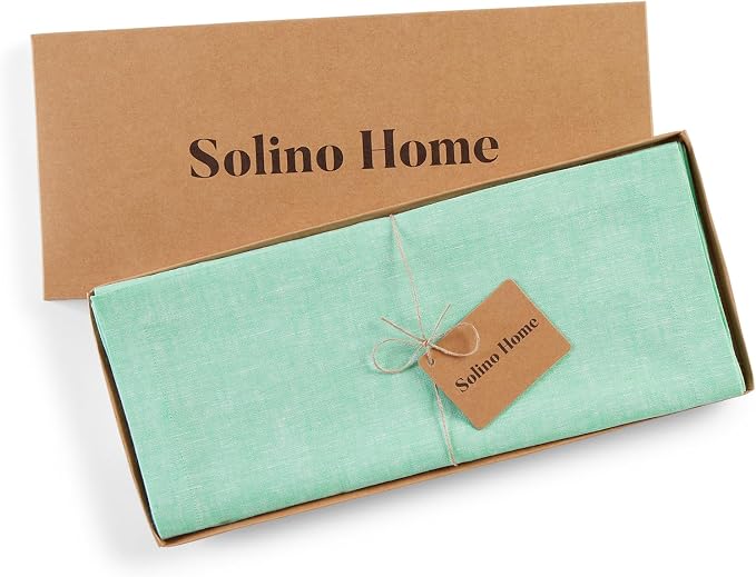 Solino Home Linen Table Runner 72 Inches Long - Athena, 100% Pure Linen Chambray Aqua Dining Table Runner 14 x 72 Inch for Summer