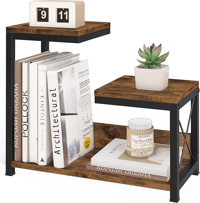 ELITEROO Desktop Shelf Organizer, 3 Tier Office Shelves, Wood Desk Organizers Storage Rack and Freestanding Display Shelf for Office, Dormitory, Home, Rustic Brown
