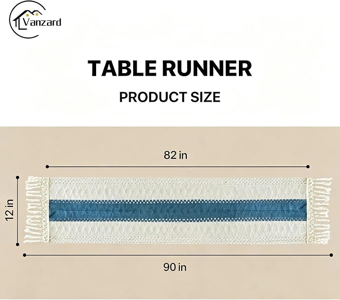 Blue Boho Table Runner for Home Decor with Tassels 72 Inches Farmhouse Rustic Table Runner Macrame Burlap Table Decoration for Living Room Bridal Shower(12x90 Inches, Fringe Included)