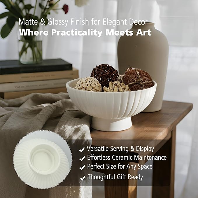 Modern 8 Inch White Ceramic Fruit Bowl - Small Footed Pedestal Fruit Bowl for Kitchen Counter, Farmhouse Chic Centerpiece for Dining Coffee Table & Home Decor,Key Ruffle Bowl for Entryway Table ﻿