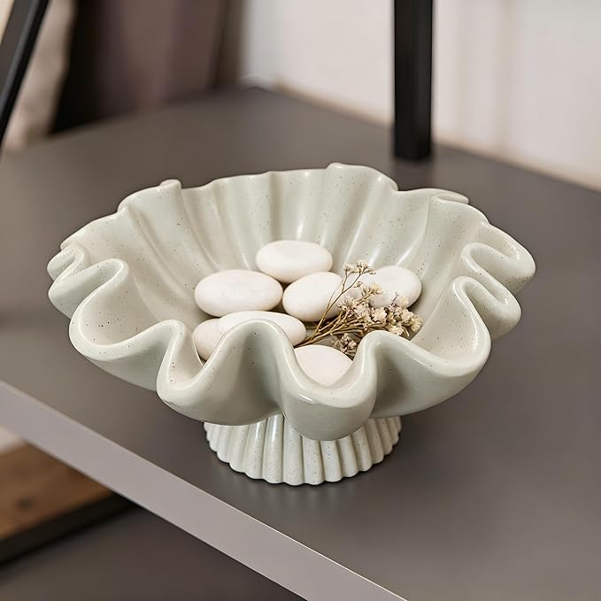 10" Large Handmade Decorative Bowl decor, Handicraft Scalloped Bowls for Modern Home Decor,Ruffle Decor,Key Bowl for Entry Table,Decorative Fruit Bowl for Kitchen Counter,Light Gray