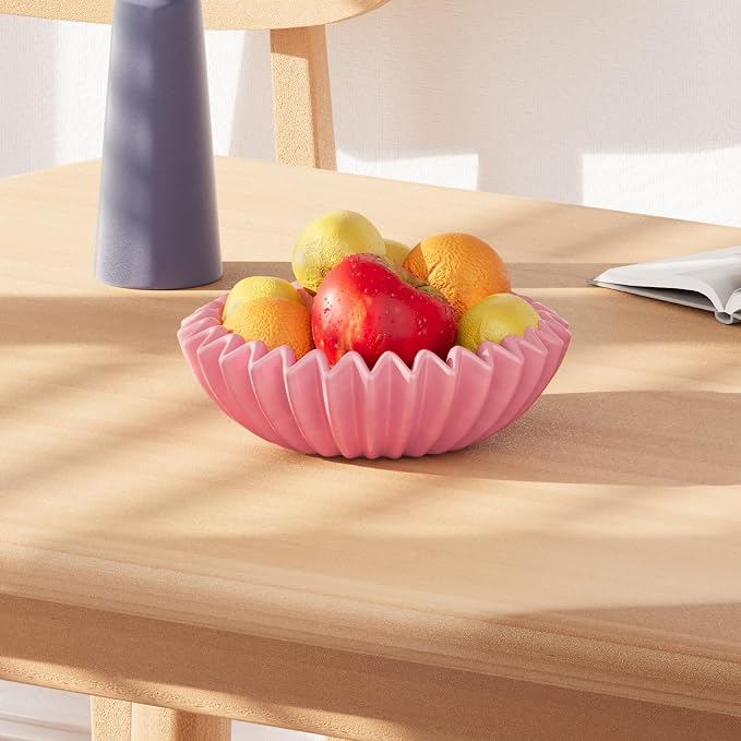 Large Ceramic Fruit Bowl Pink Decorative Bowl for Coffee Table Entryway Kitchen Modern Home Decor Centerpiece 9.5 Inches Ruffle Fluted Scalloped Bowl
