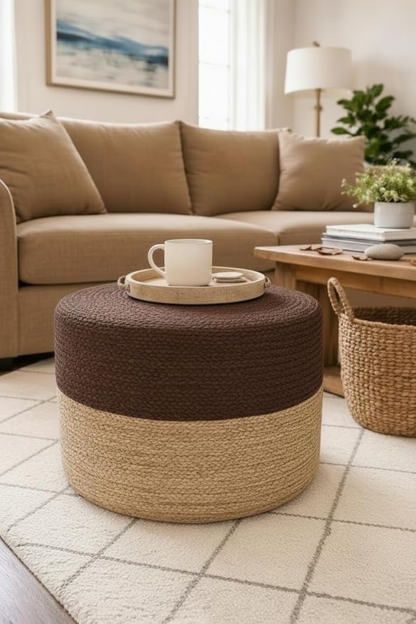 Jute Pouf Ottoman - 100% Jute Braided Footrest Pouf Hand Knitted Traditional Cord Boho Pouffe for Living Room, Bedroom, Nursery, Patio, Lounge Colorblock - Brown (18”x18”x12”)
