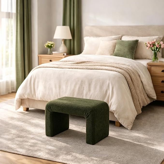 Modern Boucle Ottoman Footstool, 24" Arched Upholstered Vanity Stools, Small Foot Rest for Entryway, Living Room, Bedroom (Fully Assembled),Dark Green