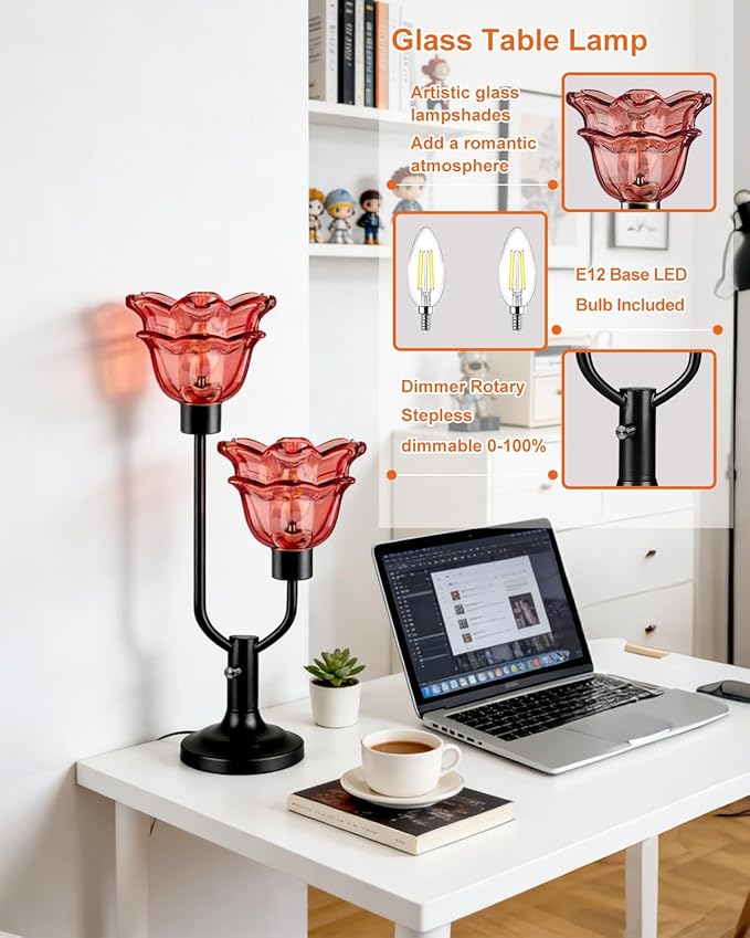 Lightdot Mid Century Modern Flower Table Lamp Dimmable Black Desk Lamps with Red Glass Shades 2Pcs Bulbs Included 3000K Warmwhite Bedside Nightstand Ambiance Lamp for Living Room Bedroom