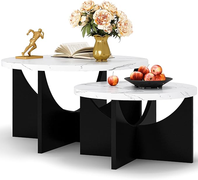LIKIMIO Nesting Coffee Tables Set of 2, 31.5" Round Side Tables for Living Room, Wooden End Table, Marble