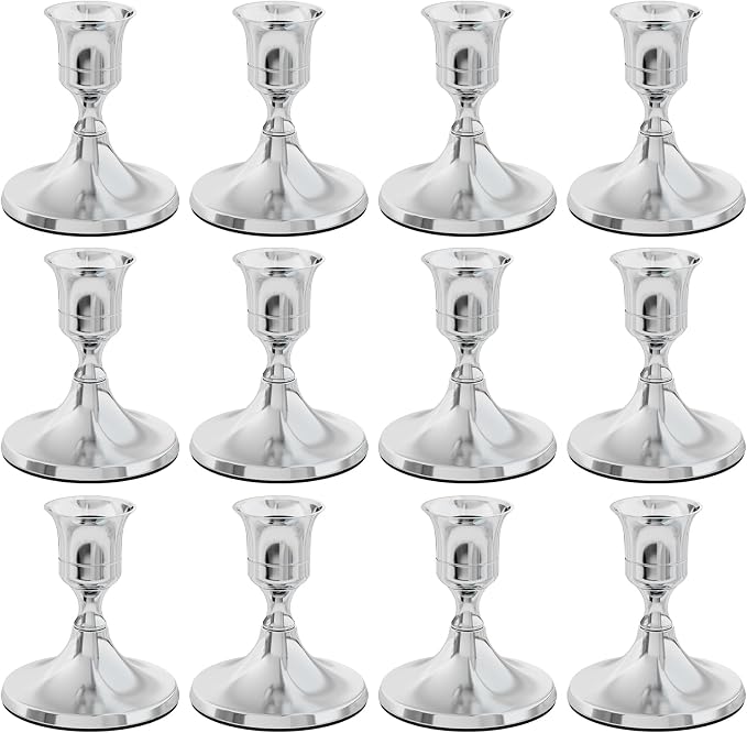 zeochyni Set of 12 Silver Taper Candle Holders for Home Deco | Vintage Metal Candlestick Holders for Dinner Room Table Centerpiece or Mantel Wedding Party Decor
