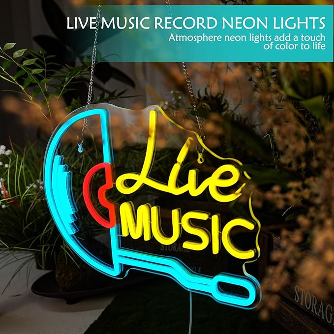 Live Music Neon Sign Handcrafted LED Neon Lights for Bar, Man Cave, Nightclub & Music Room, USB Powered Acrylic Neon Sign for Home Bedroom, Music Stadio & Party Vibes