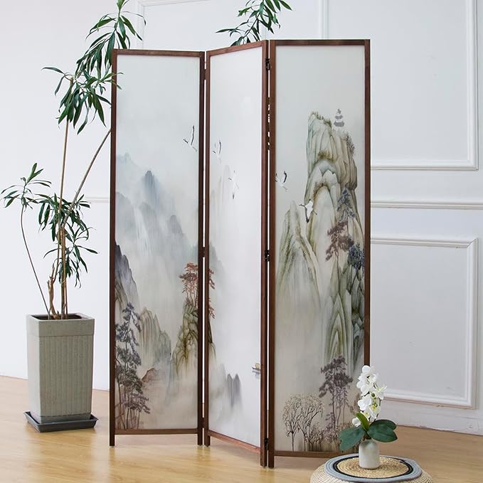 Furnnylane 3 Panel Room Divider Screen,Double Faced Room Divider Folding Wall Divider for Room Separation,Mountains and Waters Landscape,67" H x 47.2" W