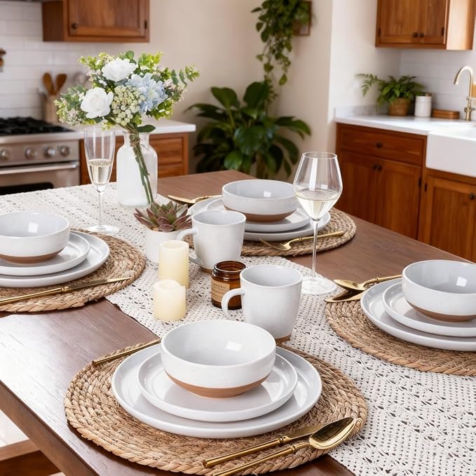 AmorArc Ceramic Dinnerware Sets with Pasta Bowls for 4, Handpainted Plates and Bowls Set with Rustic Terracotta Underside, Scratch Resistant Dishes Set, Dishwasher & Microwave Safe, 16 Pcs