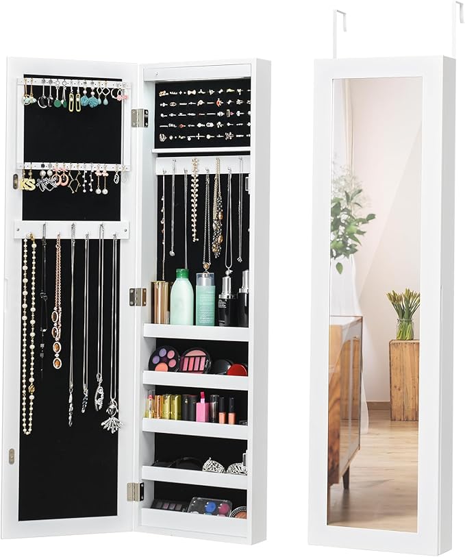 12 LEDs Jewelry Armoire Cabinet, Wall/Door Mounted Full-Length Mirror Jewelry Cabinet with Earring & Rings Slots Necklace Hooks, 5 Storage Shelves for Bedroom Makeups, White