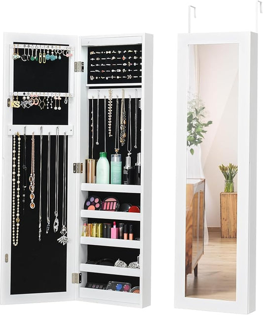 12 LEDs Jewelry Armoire Cabinet, Wall/Door Mounted Full-Length Mirror Jewelry Cabinet with Earring & Rings Slots Necklace Hooks, 5 Storage Shelves for Bedroom Makeups, White
