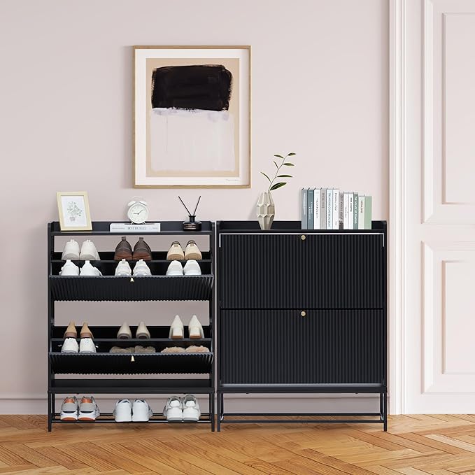 RARZOE Fluted Shoe Cabinet for Entryway with 2 Flip Drawers, Narrow Wood Shoe Cabinet with Fluted Panel, Slim Hidden Shoe Organizer Closed Shoe Rack with Metal Legs for Foyer,Hallway(31.5''Black)