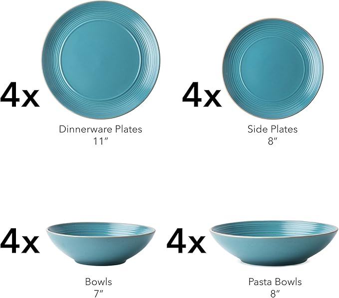 Arora RINGAR Round Stoneware 16pc Double Bowl Dinnerware Set for 4, Dinner Plates, Side Plates, Cereal Bowls, Pasta Bowls - Speckle Matte Turquoise (428525)