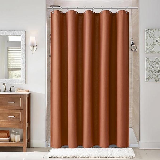 Naturoom Terracotta 54 Inch Boho Shower Curtain - Stall Narrow Half Linen Ultra Thick Fabric Shower Curtain Set with Hooks, Farmhouse Rustic RV Camper Bath Curtains for Bathroom, 54x78