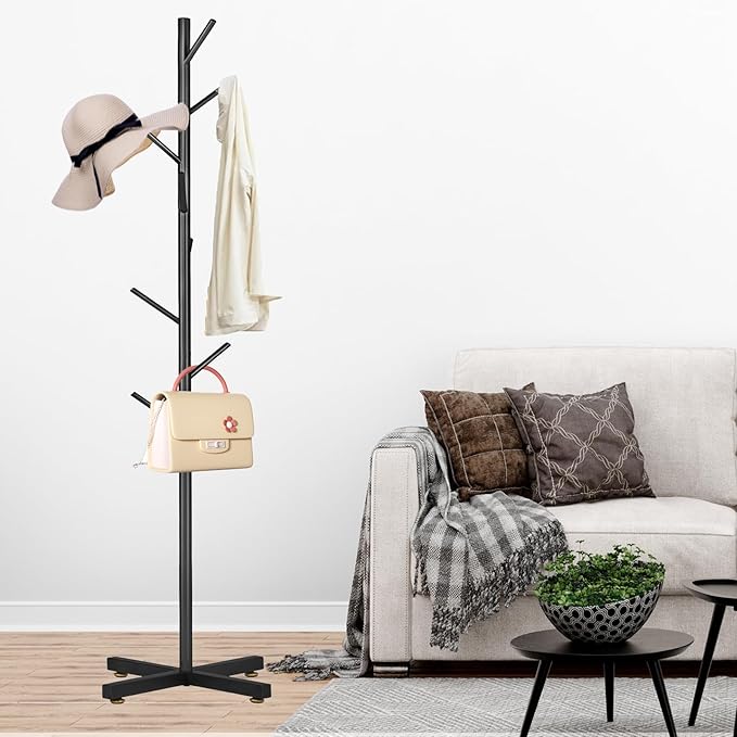 Snaikor Metal Coat Rack, Modern Coat Rack Freestanding, Sturdy Coat Tree Stand with Cross Base, Black Coat Racks Hall Tree for Clothes Jacket Hat Bag Entryway