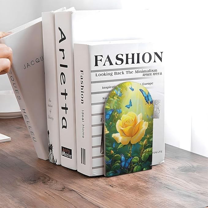 Yellow Rose Butterflies Wood Book Ends for Shelves, Non-Skid Bookends for Office, Library, and Home Decor, 1 Pair
