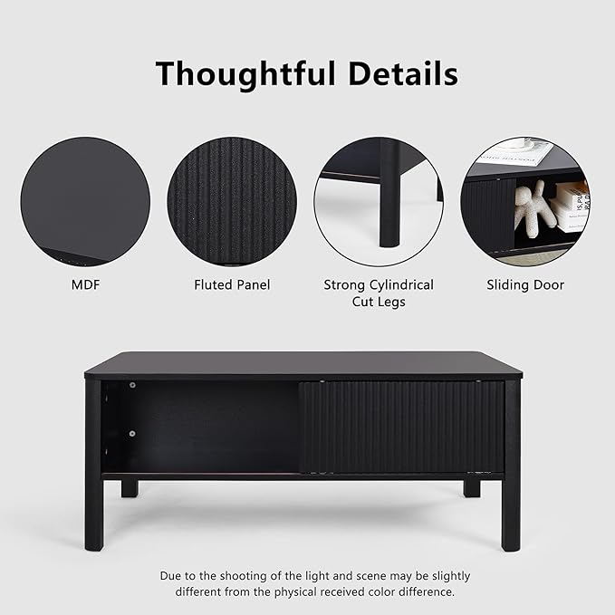Rectangle Fluted Coffee Table with Storage and Sliding Drawers, Small Low Black Coffee Table, Mid Century Modern Coffee Table for Living Room