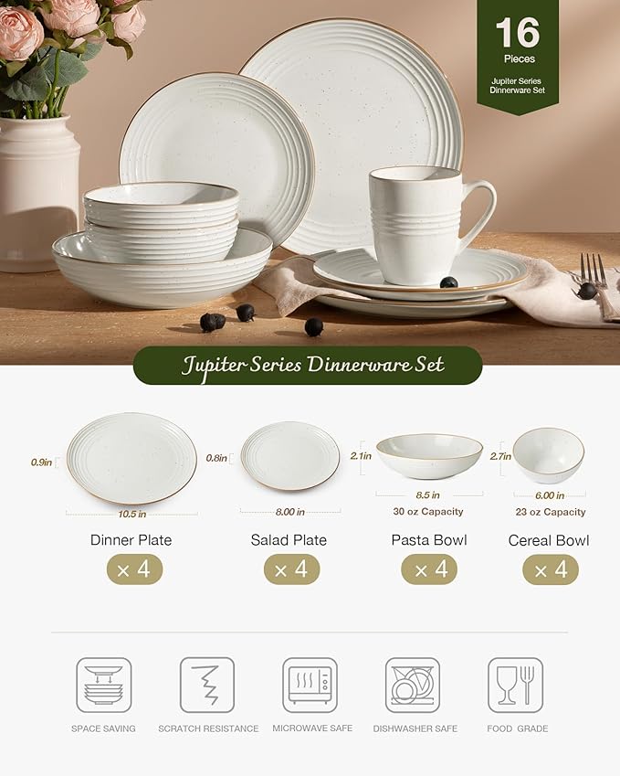 Famiware Jupiter 16-Piece Stoneware Dinnerware Set for 4 - Includes Pasta Bowl & Dinner Plate, Handcrafted Dishes with Speckles & Embossed Swirls, Chip & Scratch Resistant, Daily & Formal Use, White