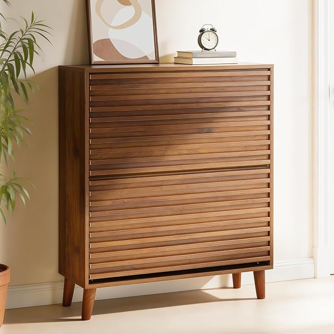 Narrow Shoe Storage Cabinet for Entryway 31.5'' Hidden Shoe Rack Cabinet with 2 Flip Drawers, Wood Slim Shoes Organizer with Wood Stripes for Hallway, Living Room (Walnut)