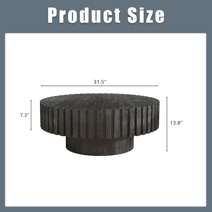 31.5" Circle Coffee Table, Rustic Round Wood Center Table Accent Drum End Tea Table for Living Room Apartment Small Space,with Fluted Relief Side, Black
