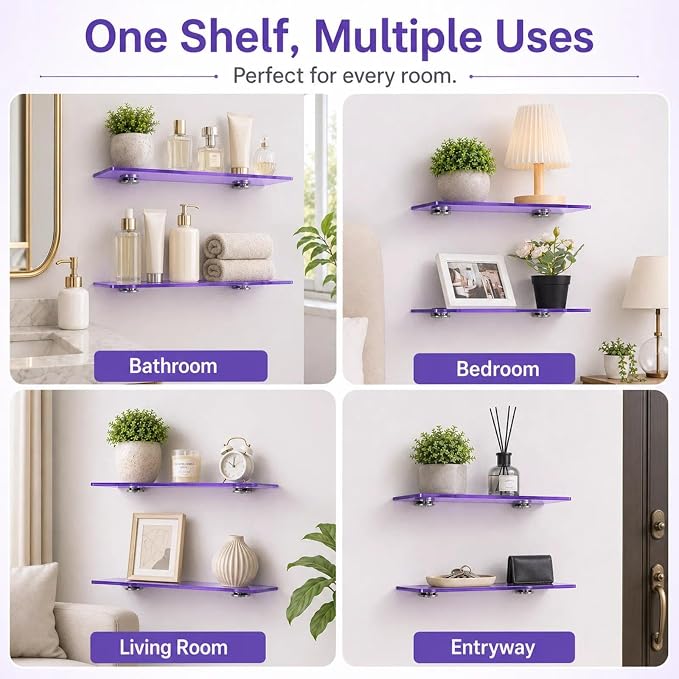 iobiotio Small Floating Shelves, 15'' Shelves for Wall, Decorative Floating Shelves for Home Office, Wall Mounted Rack, Purple, 2 Pcs